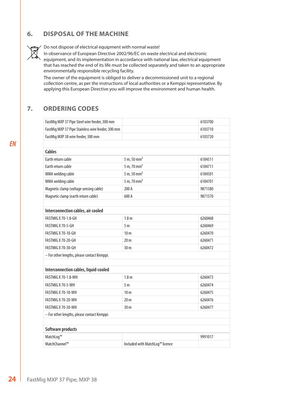 Disposal of the machine, Ordering codes | Kemppi MXP 37 Pipe Stee User Manual | Page 26 / 30