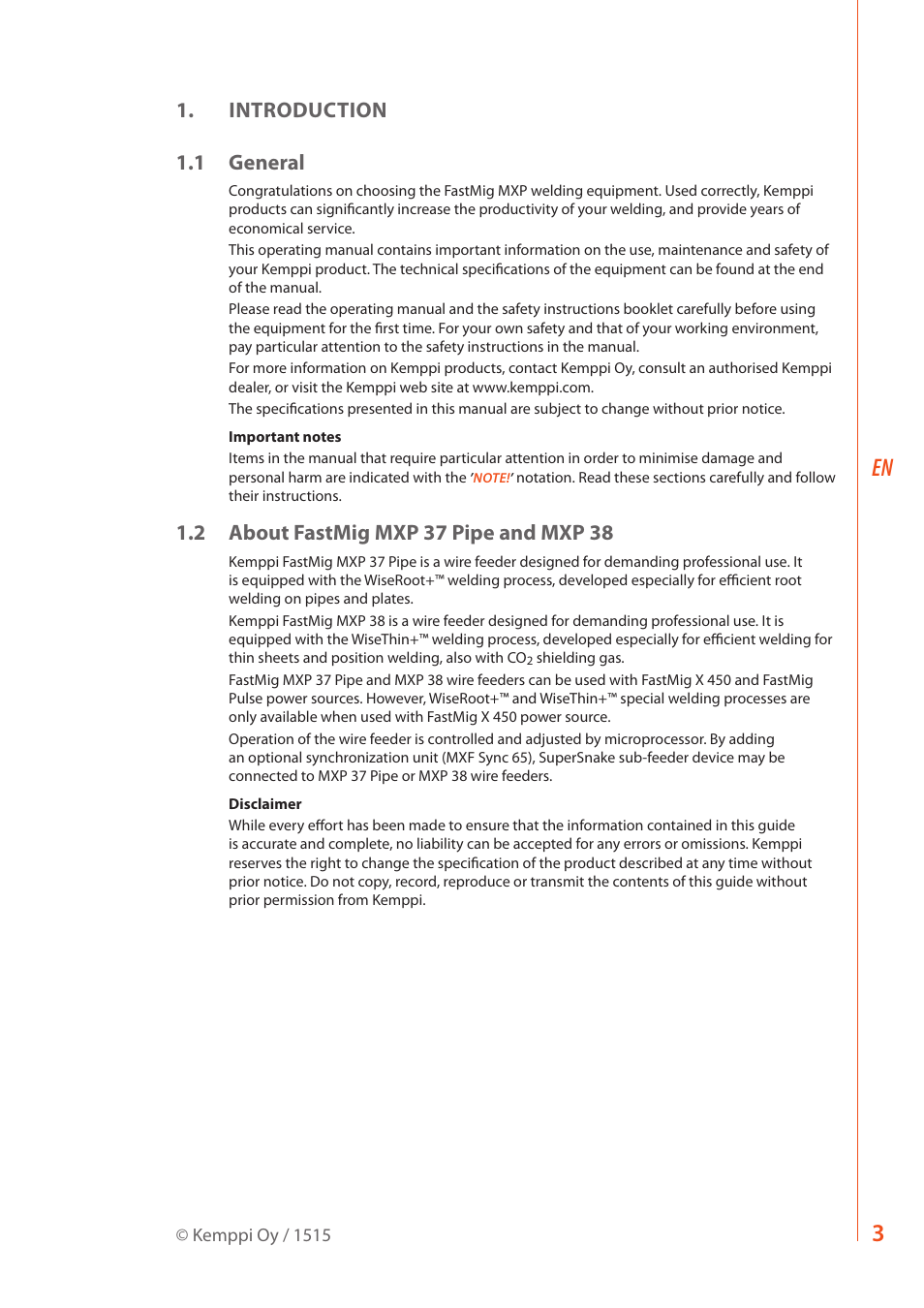 Introduction 1.1 general | Kemppi MXP 37 Pipe Stee User Manual | Page 5 / 30