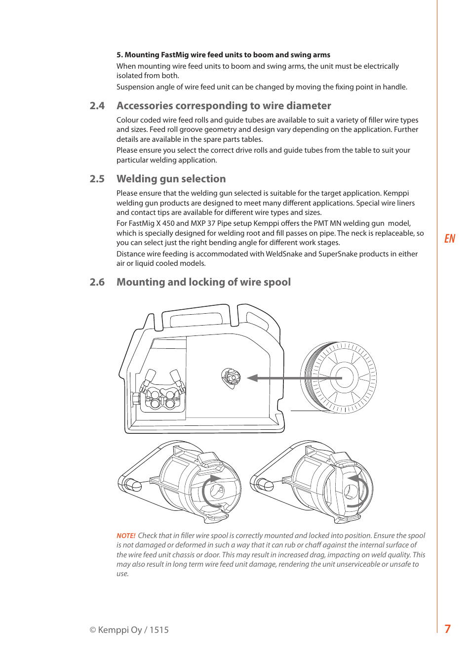4 accessories corresponding to wire diameter, 5 welding gun selection, 6 mounting and locking of wire spool | Kemppi MXP 37 Pipe Stee User Manual | Page 9 / 30