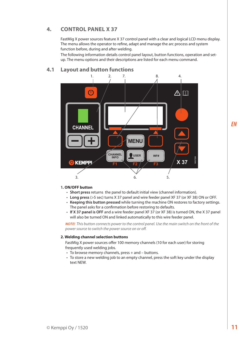 Control panel x 37, 1 layout and button functions, Menu | X 37 | Kemppi FastMig X 350 User Manual | Page 13 / 32