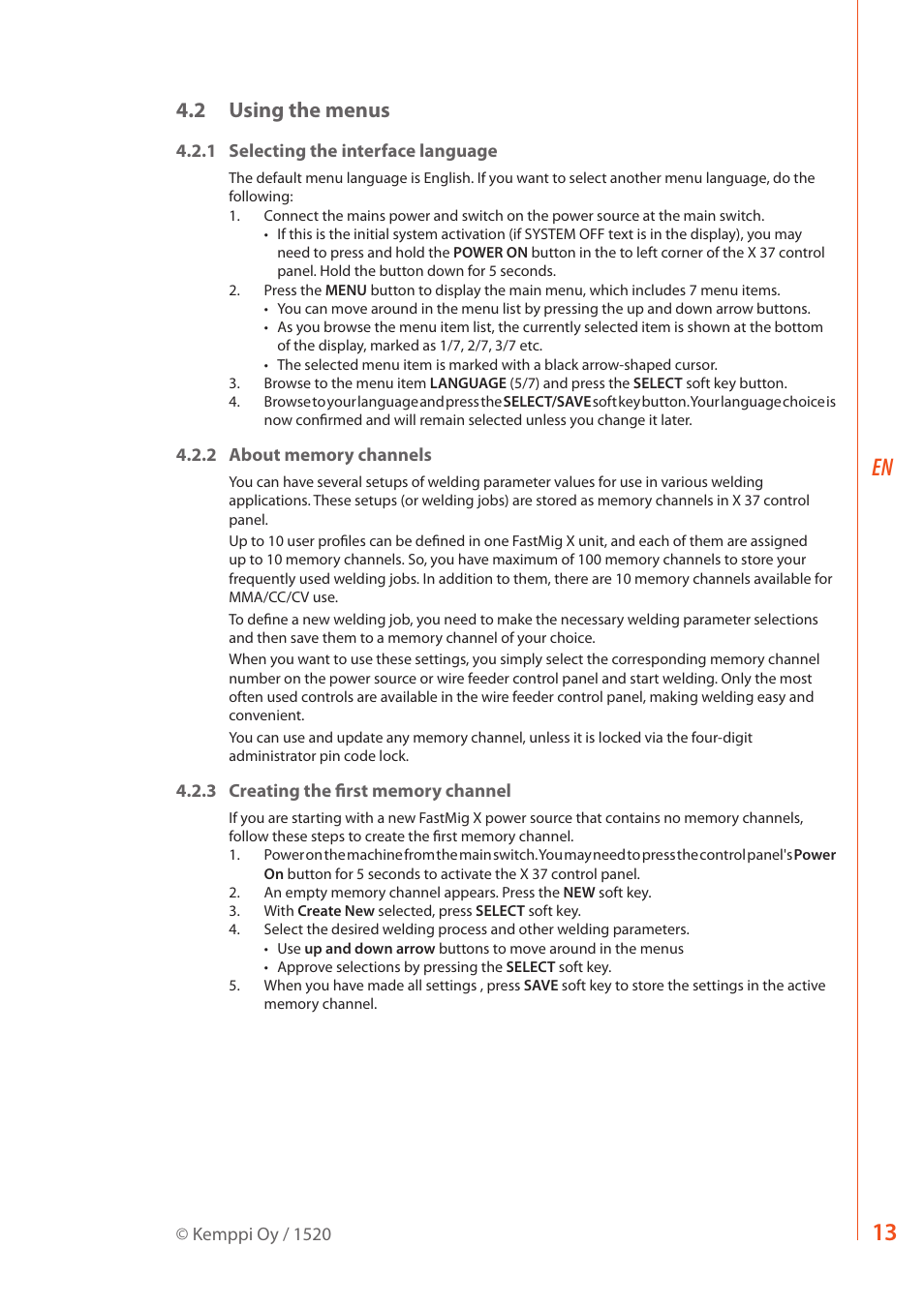 2 using the menus | Kemppi FastMig X 350 User Manual | Page 15 / 32