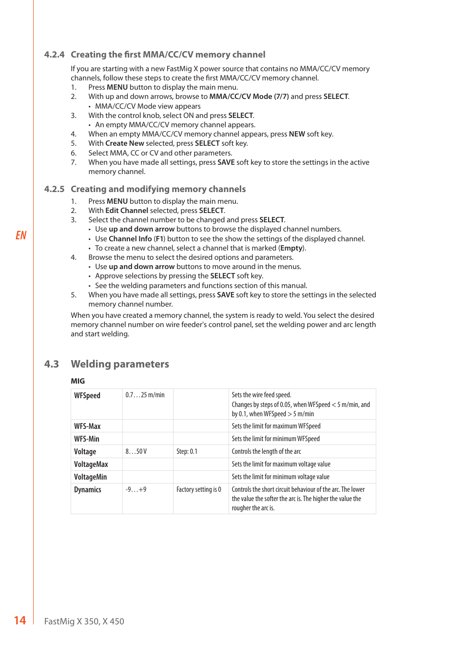 14 en, 3 welding parameters | Kemppi FastMig X 350 User Manual | Page 16 / 32