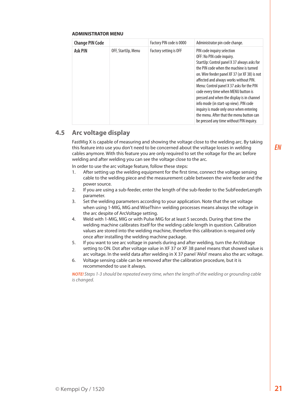 5 arc voltage display | Kemppi FastMig X 350 User Manual | Page 23 / 32