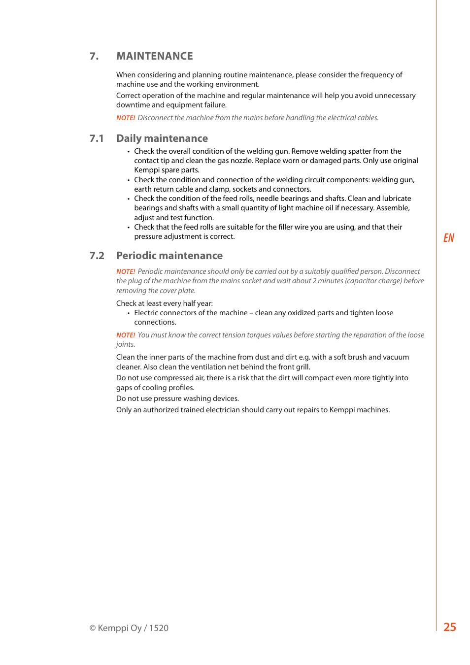 Maintenance, 1 daily maintenance, 2 periodic maintenance | Kemppi FastMig X 350 User Manual | Page 27 / 32