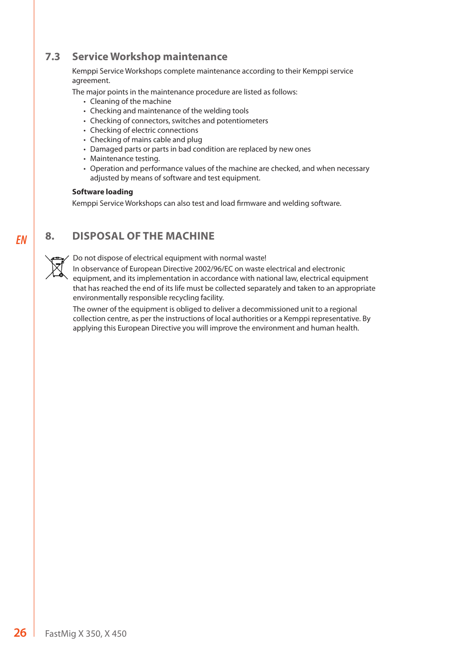 26 en, 3 service workshop maintenance, Disposal of the machine | Kemppi FastMig X 350 User Manual | Page 28 / 32