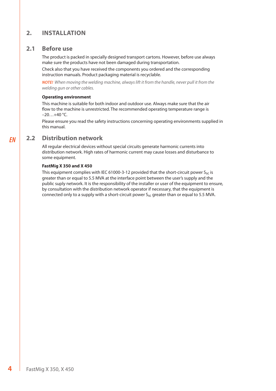 Installation 2.1 before use, 2 distribution network | Kemppi FastMig X 350 User Manual | Page 6 / 32