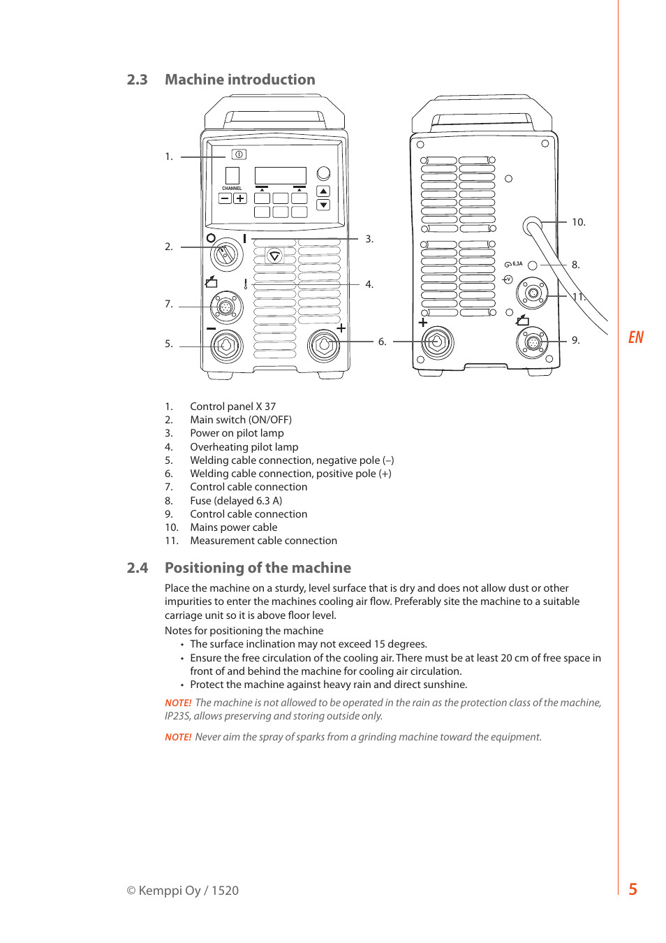 3 machine introduction, 4 positioning of the machine | Kemppi FastMig X 350 User Manual | Page 7 / 32