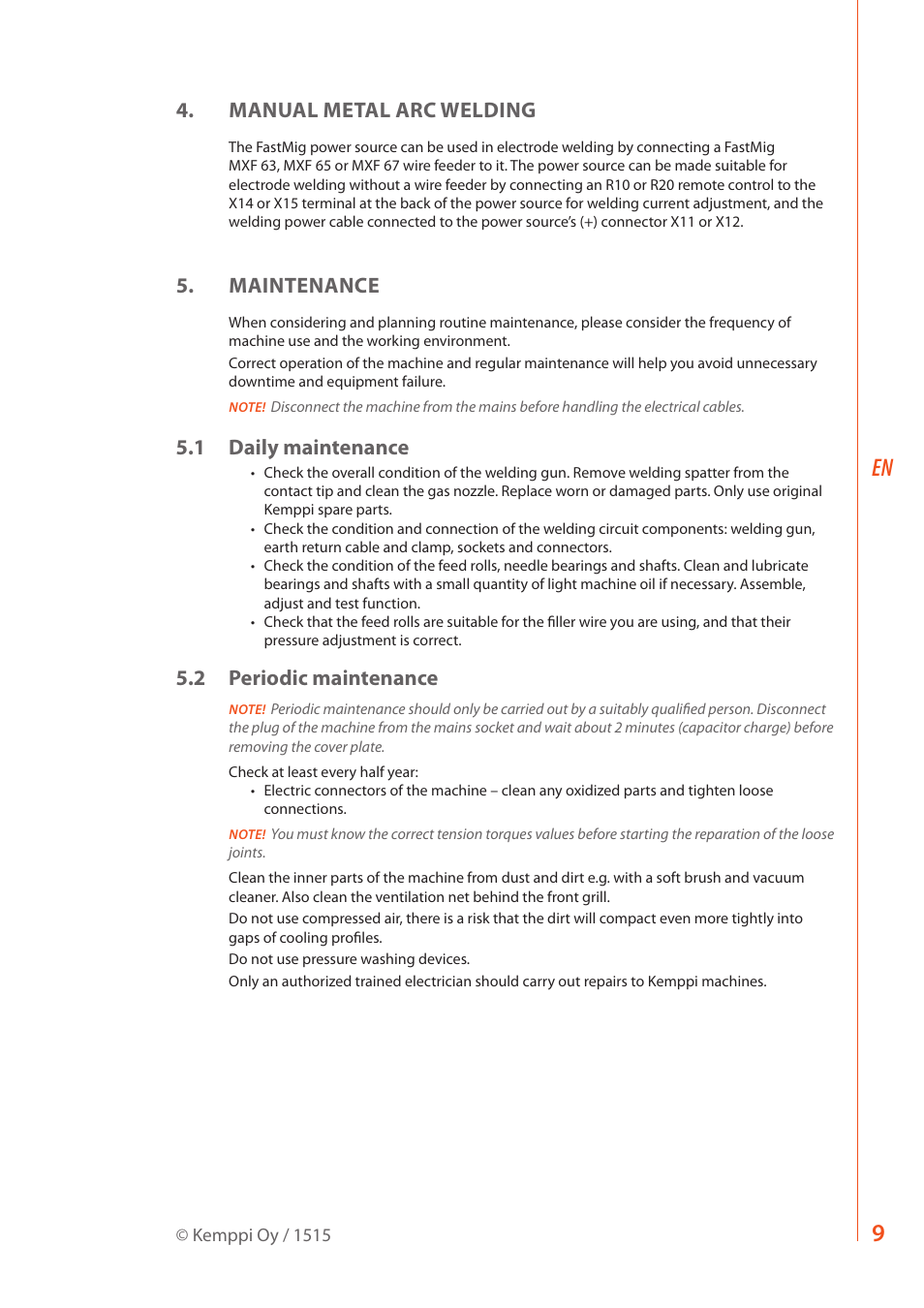 Manual metal arc welding, Maintenance, 1 daily maintenance | 2 periodic maintenance | Kemppi FastMig M 320 User Manual | Page 11 / 16