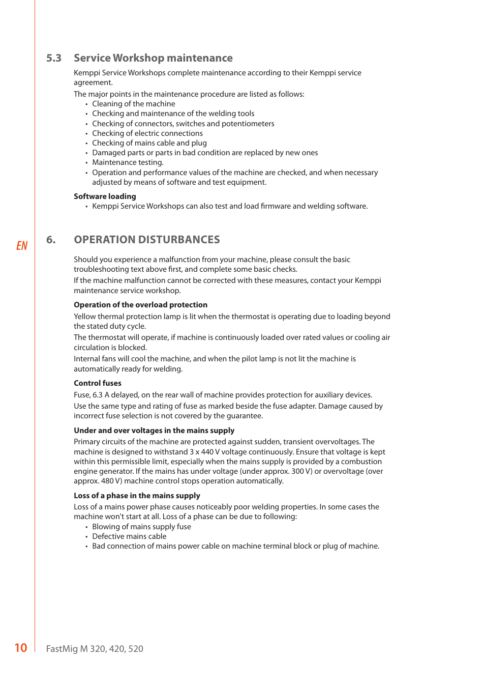 3 service workshop maintenance, Operation disturbances | Kemppi FastMig M 320 User Manual | Page 12 / 16