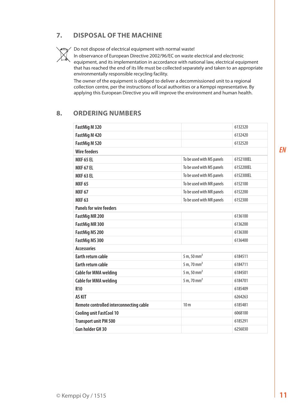 Disposal of the machine, Ordering numbers | Kemppi FastMig M 320 User Manual | Page 13 / 16