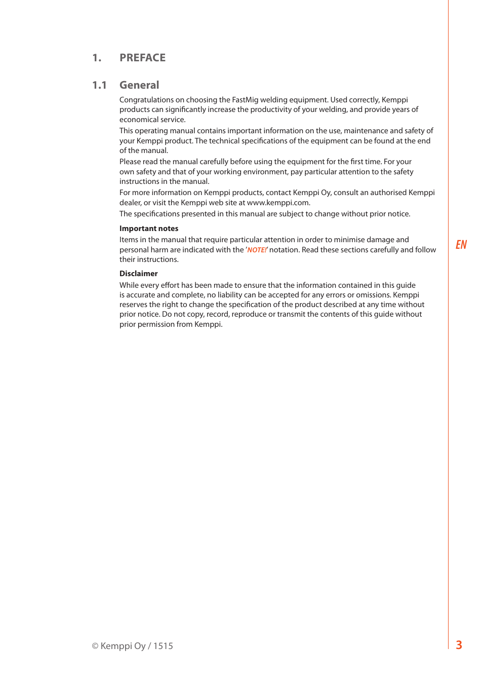 Preface 1.1 general | Kemppi FastMig M 320 User Manual | Page 5 / 16