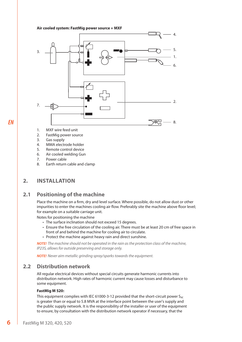 Installation 2.1 positioning of the machine, 2 distribution network | Kemppi FastMig M 320 User Manual | Page 8 / 16