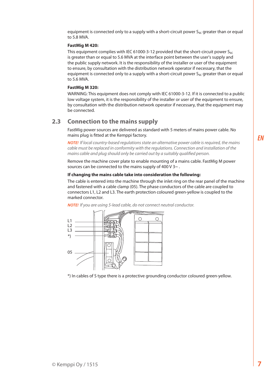 3 connection to the mains supply | Kemppi FastMig M 320 User Manual | Page 9 / 16