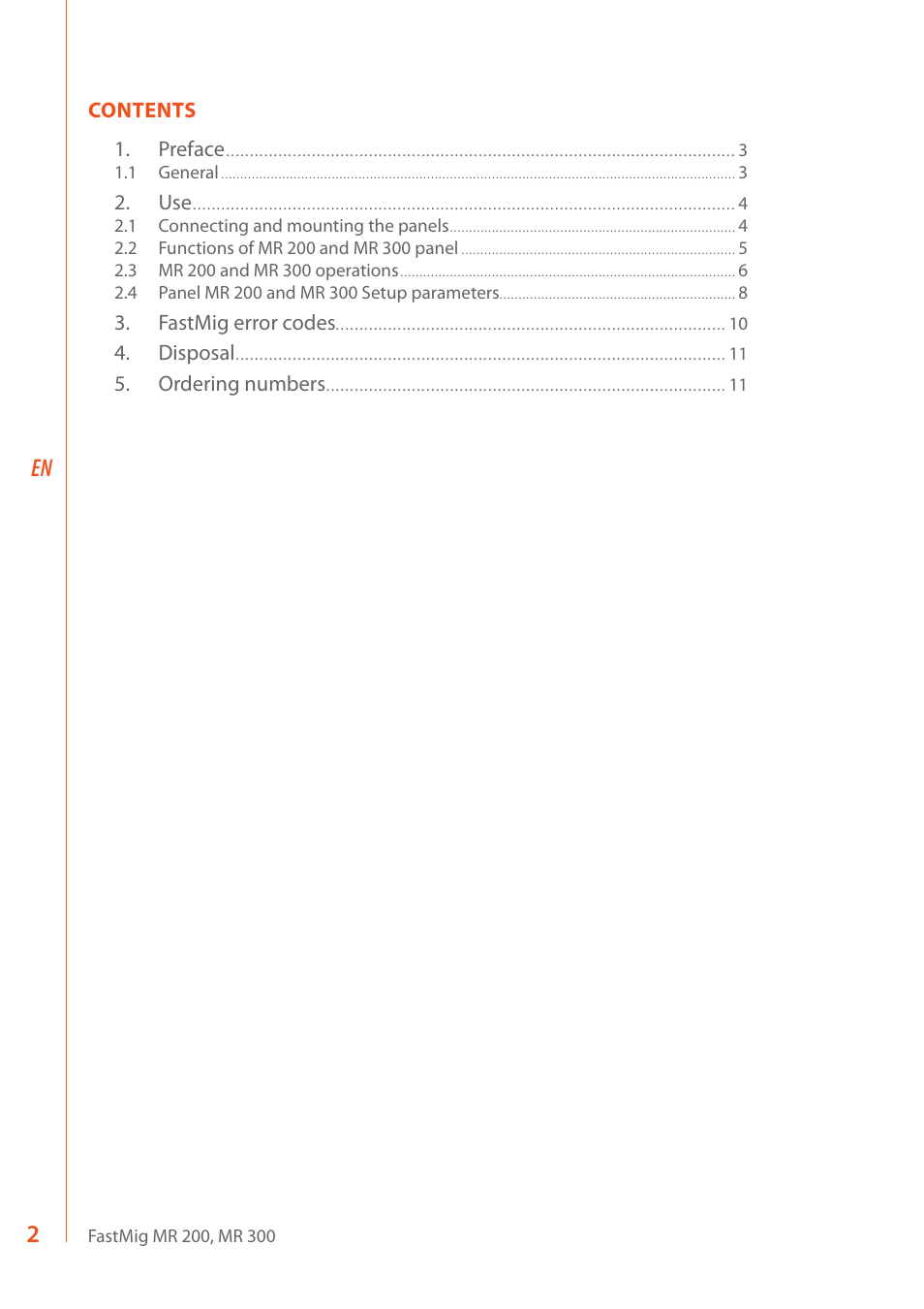 Contents 1. preface, Fastmig error codes, Disposal | Ordering numbers | Kemppi MR 200 User Manual | Page 4 / 14