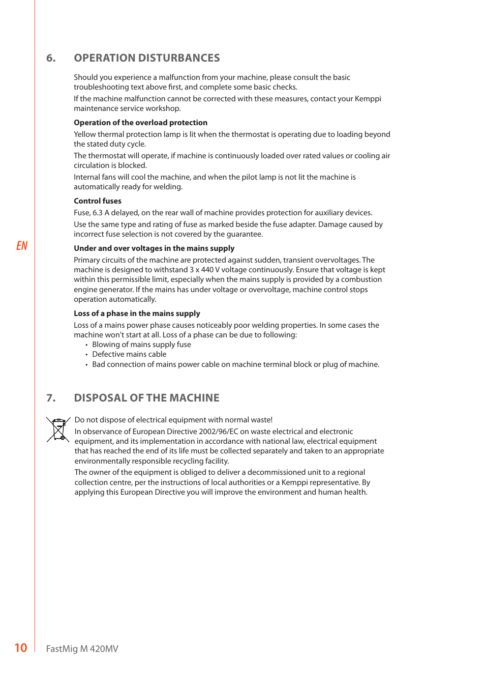 10 en, Operation disturbances, Disposal of the machine | Kemppi M 420MV User Manual | Page 12 / 16