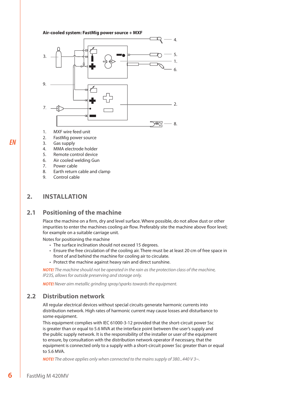 Installation 2.1 positioning of the machine, 2 distribution network | Kemppi M 420MV User Manual | Page 8 / 16