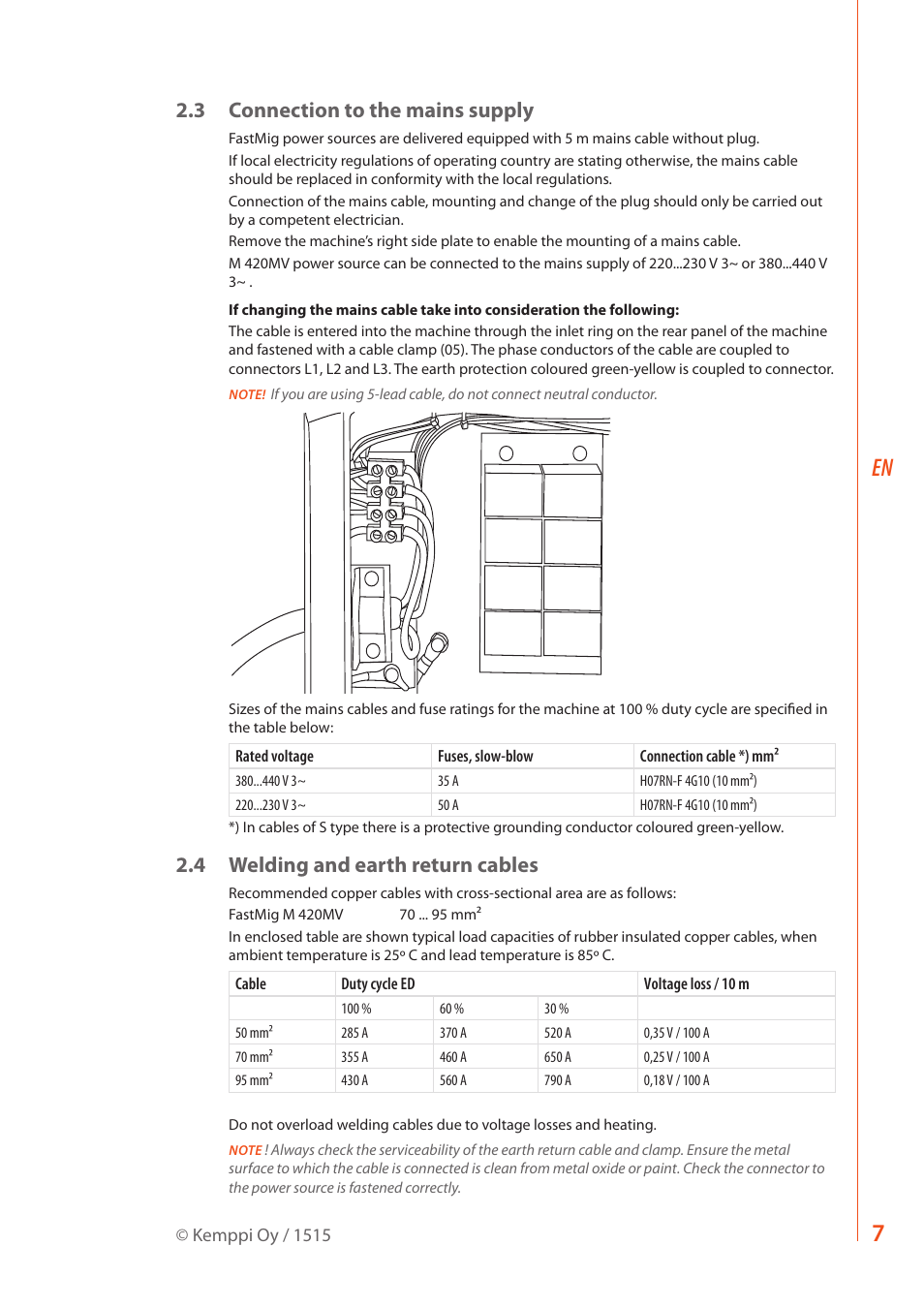 3 connection to the mains supply, 4 welding and earth return cables | Kemppi M 420MV User Manual | Page 9 / 16