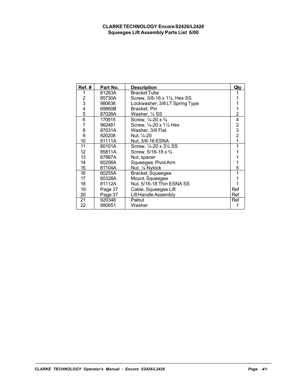 Squeegee lift assembly parts list | Clarke ENCORE L2426 User Manual | Page 15 / 30