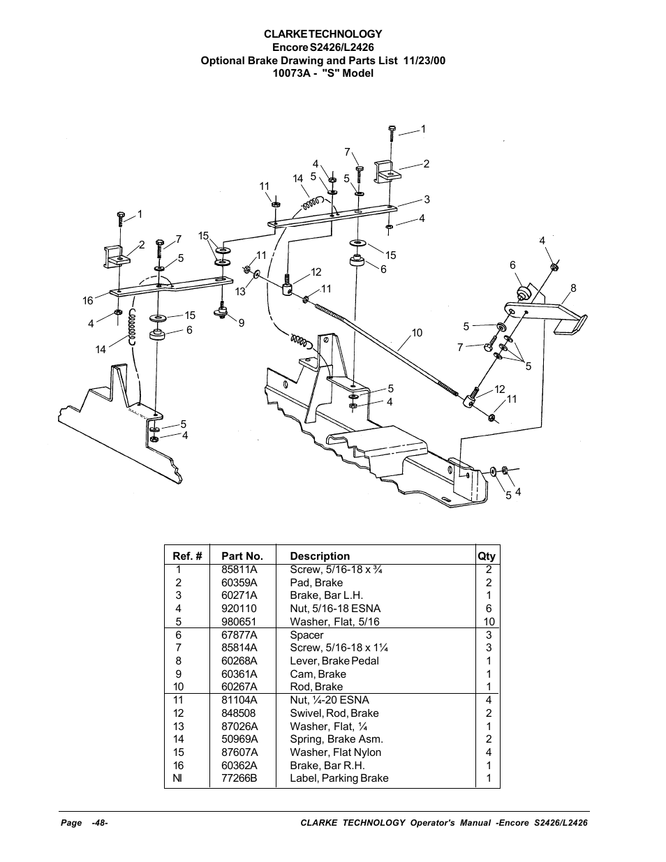 Optional brake drawing and parts list | Clarke ENCORE L2426 User Manual | Page 22 / 30