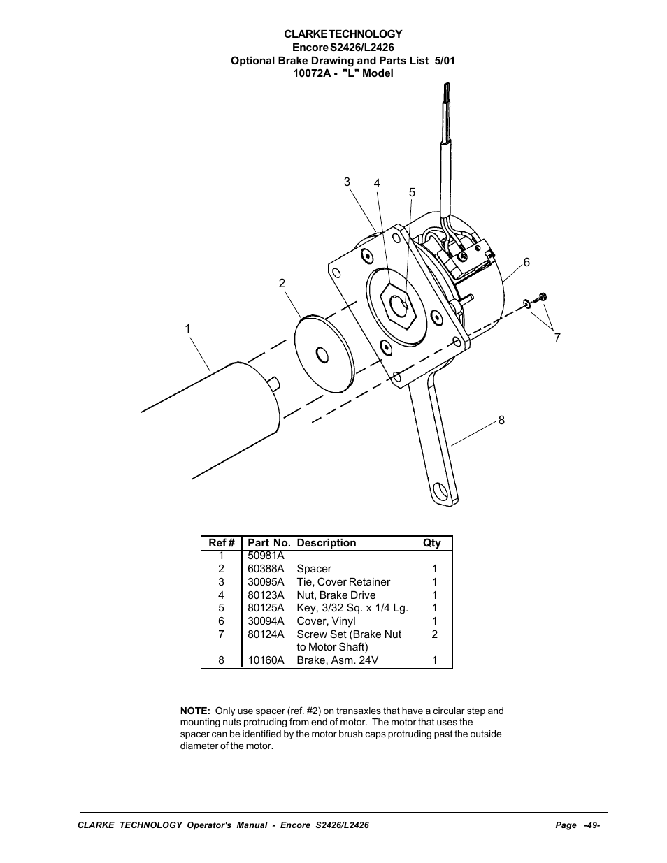 Optional brake drawing and parts list | Clarke ENCORE L2426 User Manual | Page 23 / 30