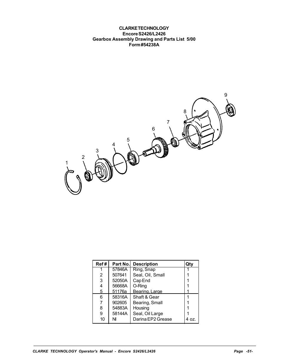Gearbox assembly drawing and parts list | Clarke ENCORE L2426 User Manual | Page 25 / 30