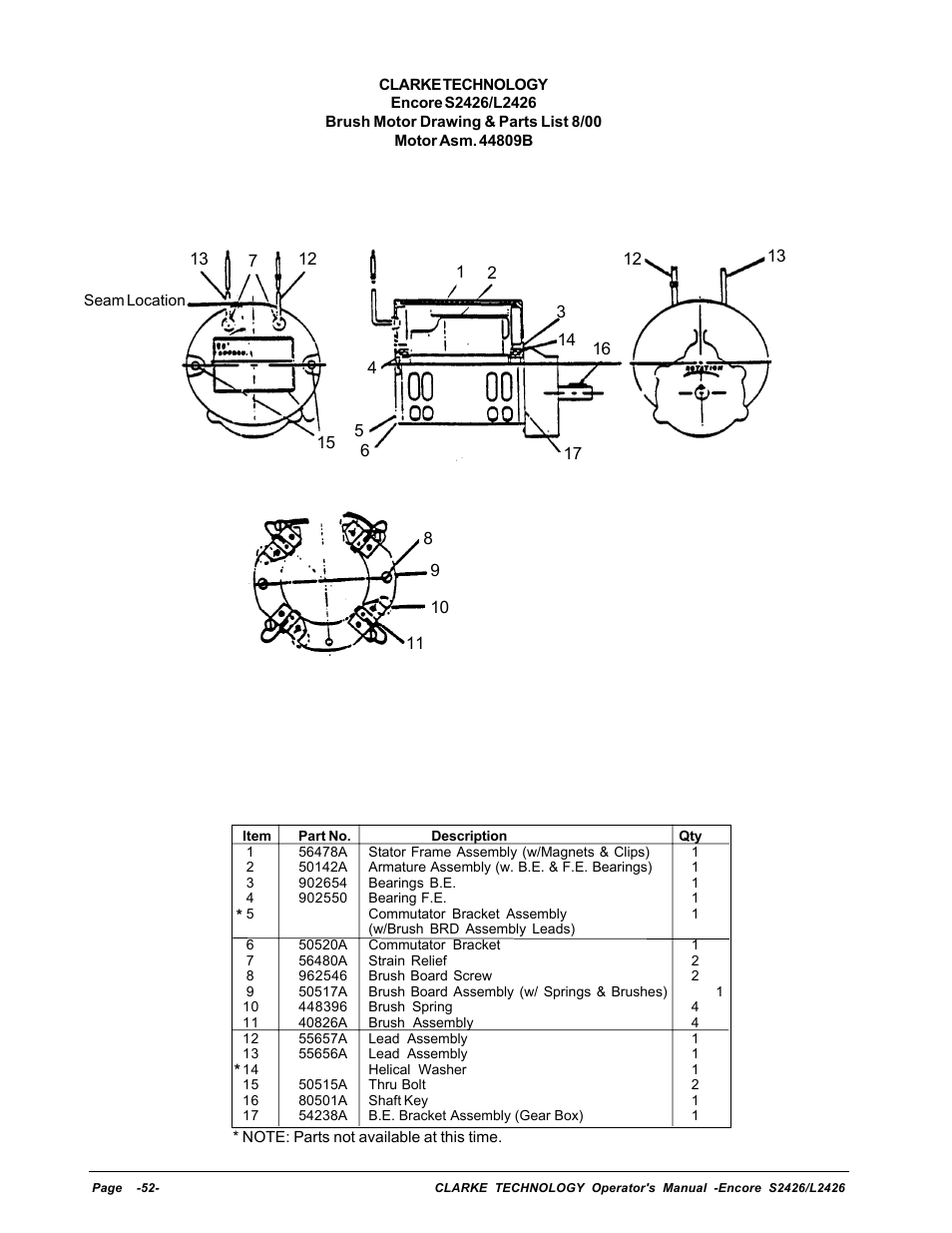 Brush motor drawing & parts list | Clarke ENCORE L2426 User Manual | Page 26 / 30