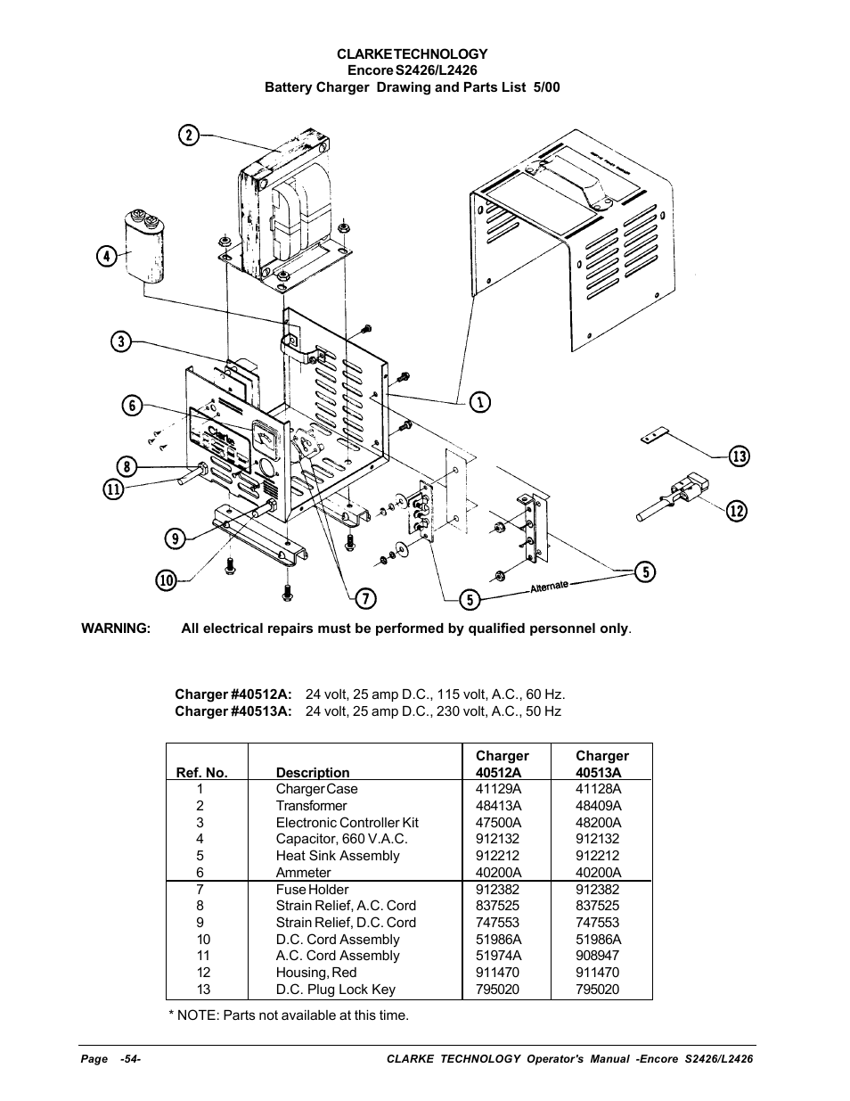 Battery charger drawing and parts list | Clarke ENCORE L2426 User Manual | Page 28 / 30