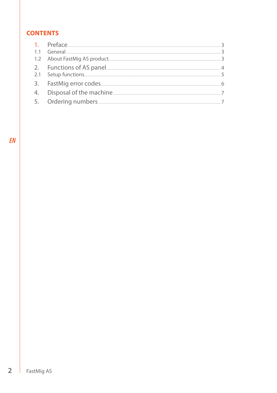 Contents 1. preface, Functions of as panel, Fastmig error codes | Disposal of the machine, Ordering numbers | Kemppi AS User Manual | Page 4 / 10