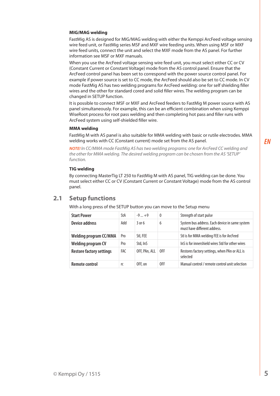 1 setup functions | Kemppi AS User Manual | Page 7 / 10