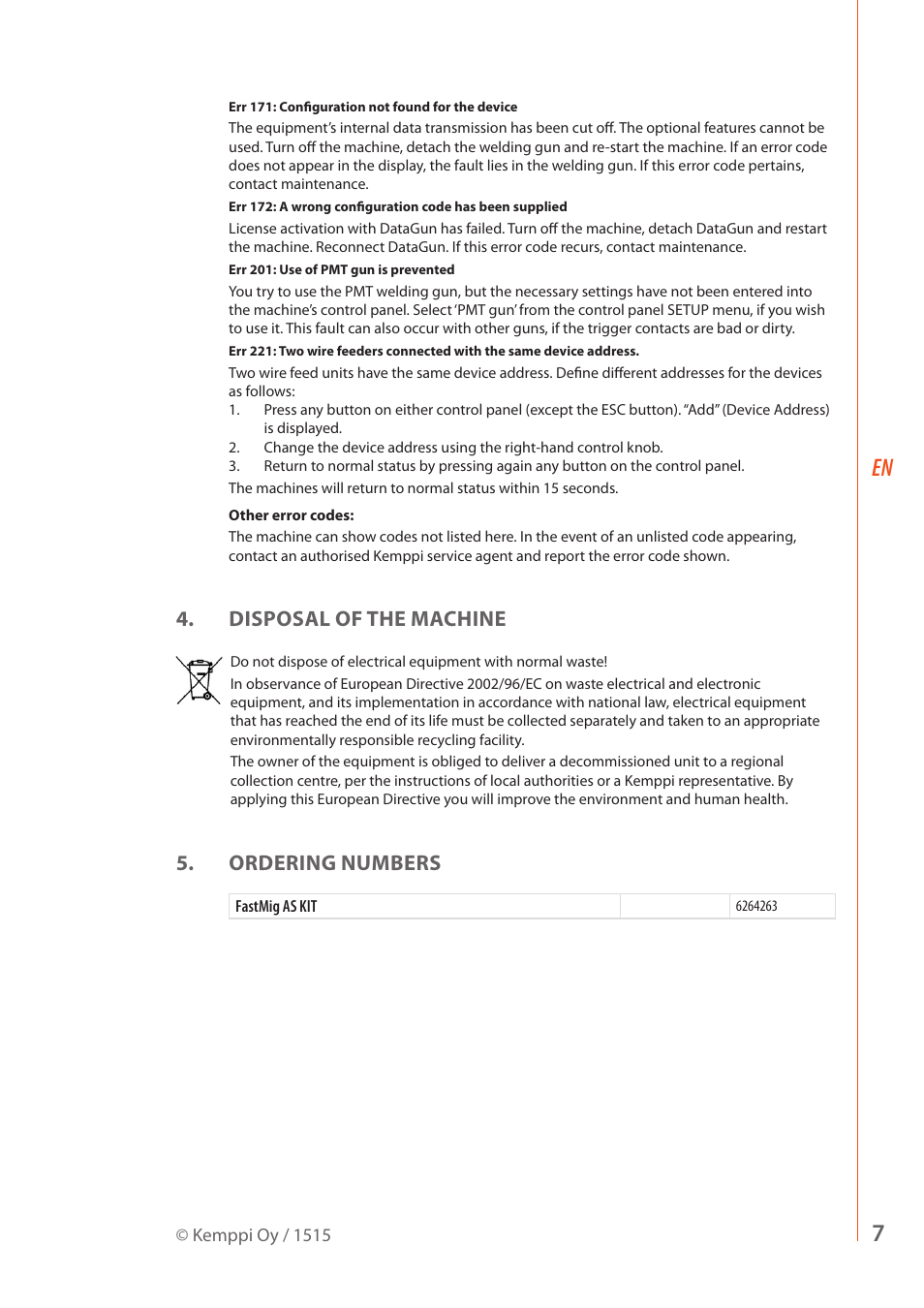 Disposal of the machine, Ordering numbers | Kemppi AS User Manual | Page 9 / 10