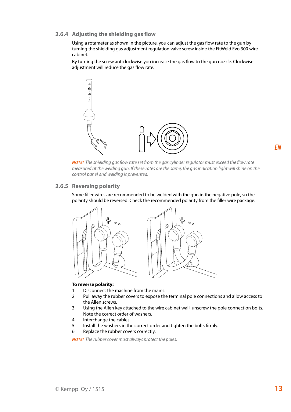 Kemppi oy / 1515, 4 adjusting the shielding gas flow, 5 reversing polarity | Kemppi Evo 300 User Manual | Page 15 / 20