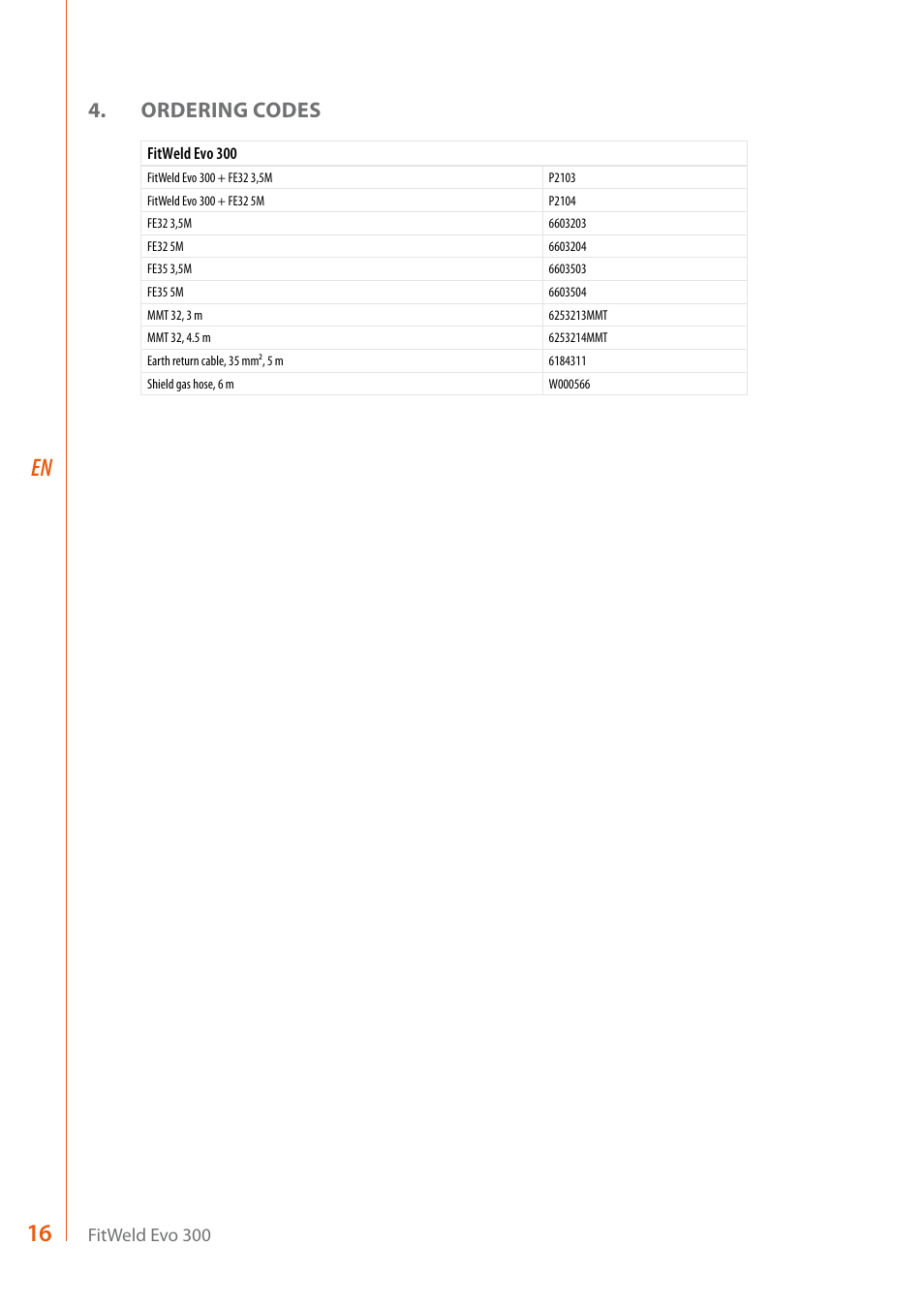 16 en, Ordering codes | Kemppi Evo 300 User Manual | Page 18 / 20