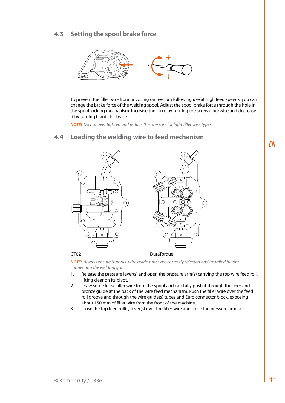3 setting the spool brake force, 4 loading the welding wire to feed mechanism | Kemppi RA User Manual | Page 13 / 38