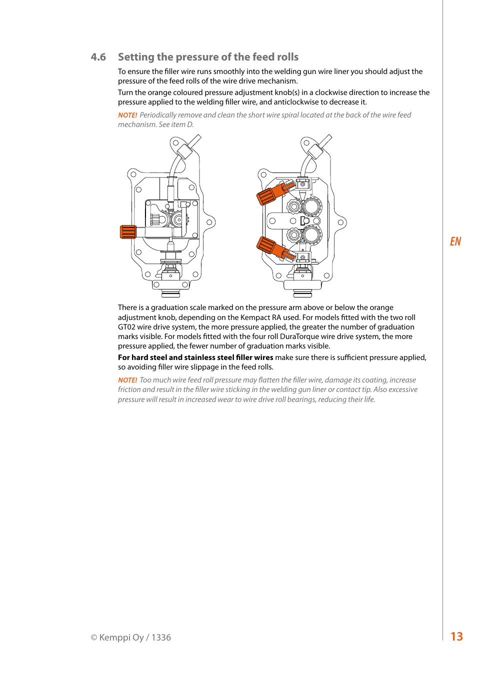 6 setting the pressure of the feed rolls | Kemppi RA User Manual | Page 15 / 38