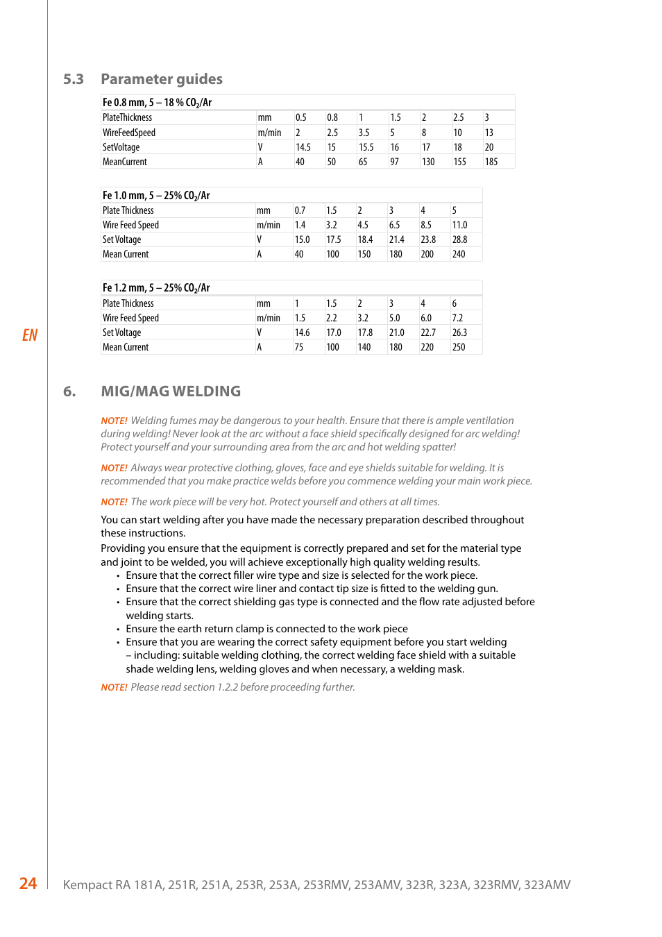 3 parameter guides, Mig/mag welding | Kemppi RA User Manual | Page 26 / 38