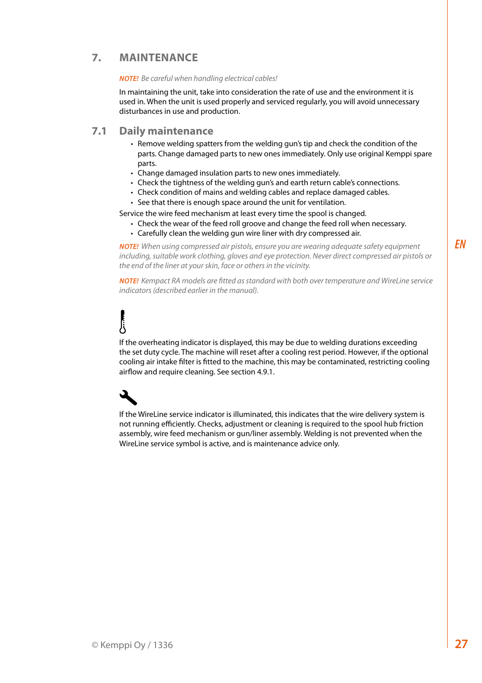 Maintenance, 1 daily maintenance | Kemppi RA User Manual | Page 29 / 38