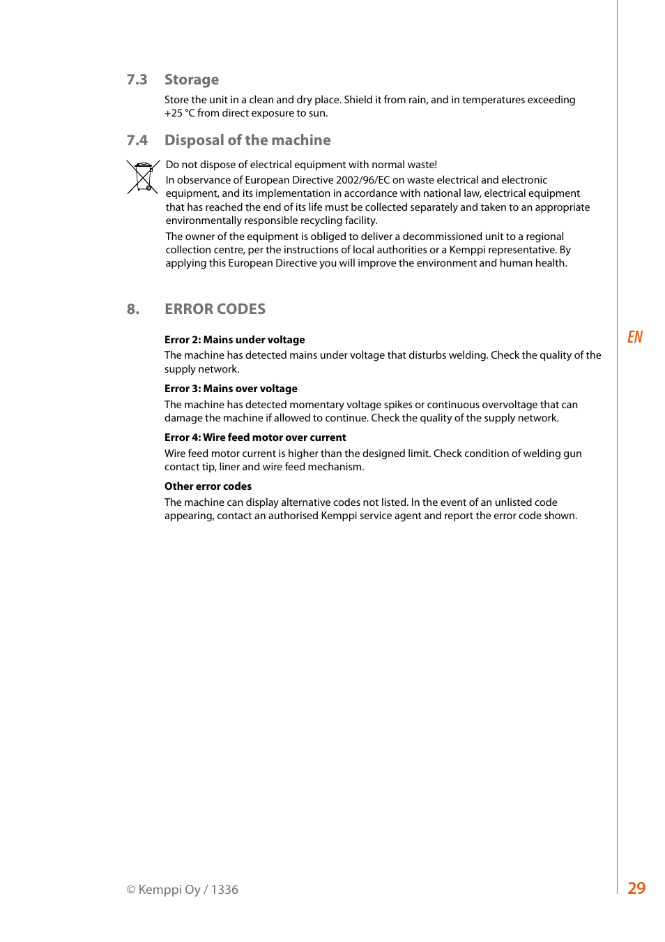 3 storage, 4 disposal of the machine, Error codes | Kemppi RA User Manual | Page 31 / 38