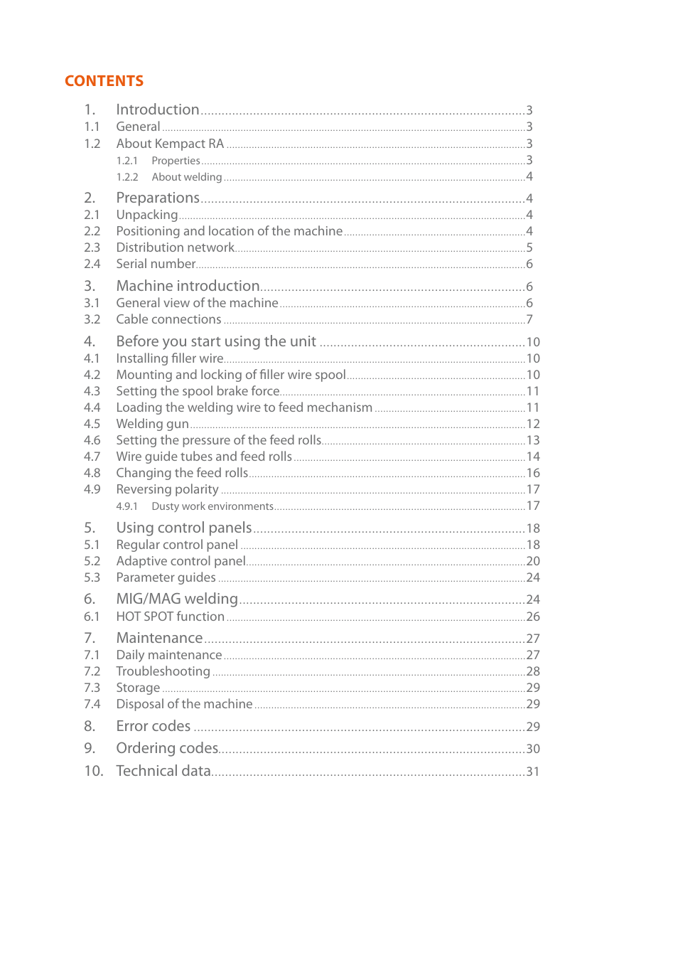 Contents 1. introduction, Preparations, Machine introduction | Before you start using the unit, Using control panels, Mig/mag welding, Maintenance, Error codes, Ordering codes, Technical data | Kemppi RA User Manual | Page 4 / 38