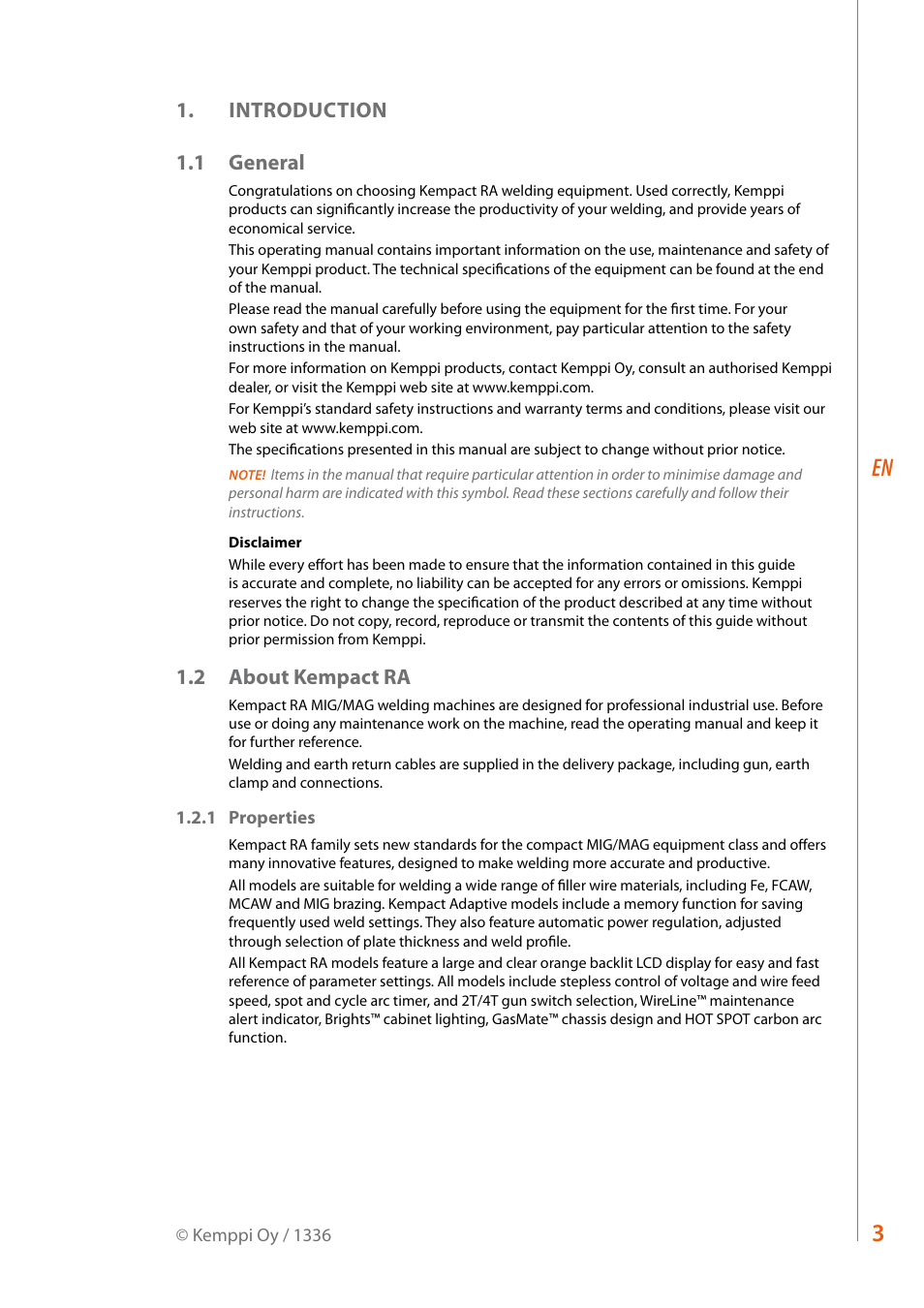 Introduction 1.1 general, 2 about kempact ra | Kemppi RA User Manual | Page 5 / 38