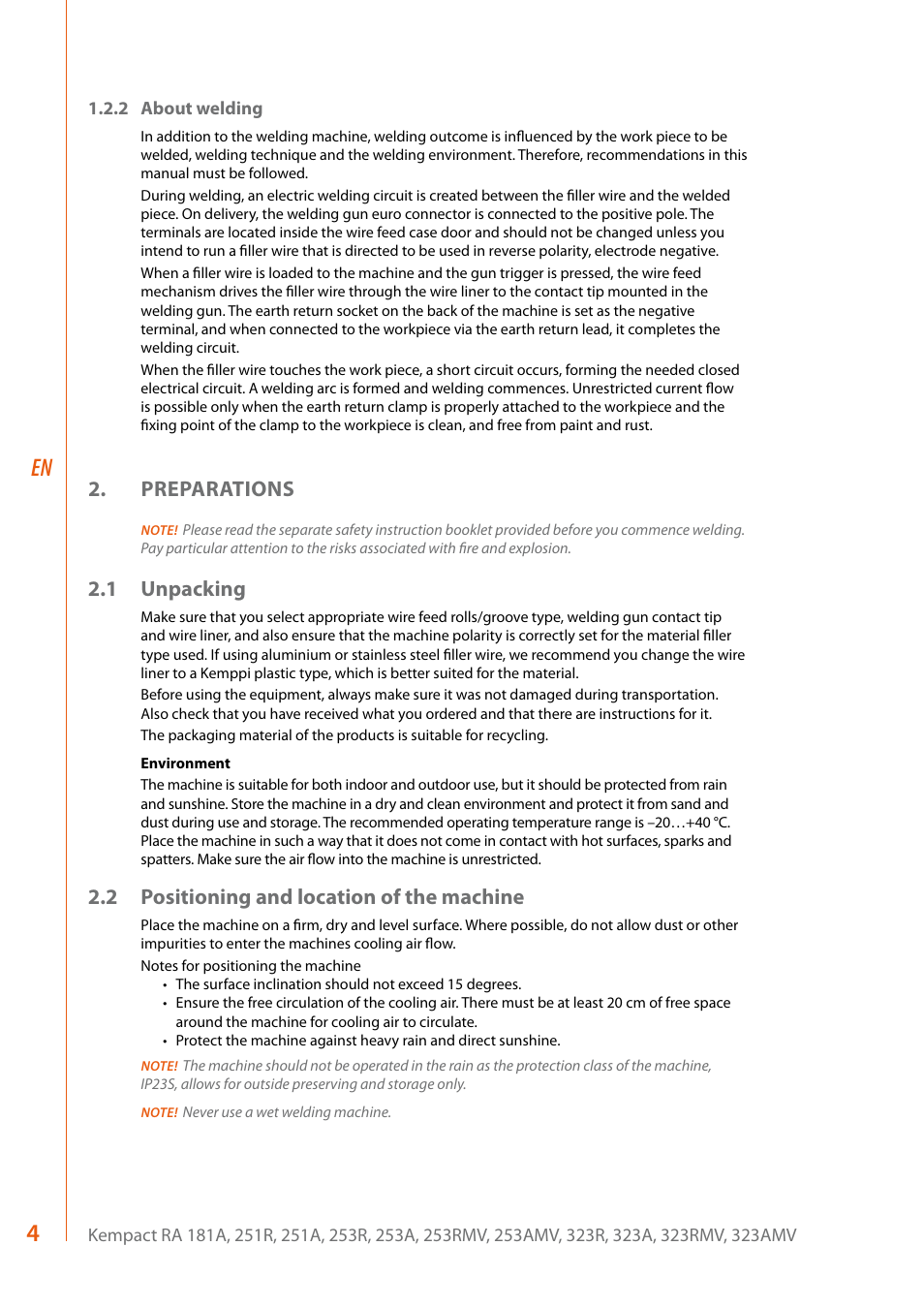 Preparations, 1 unpacking, 2 positioning and location of the machine | Kemppi RA User Manual | Page 6 / 38