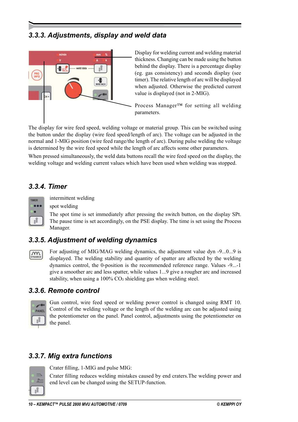 Adjustments, display and weld data, Timer, Adjustment of welding dynamics | Remote control, Mig extra functions | Kemppi Pulse 2800 MVU User Manual | Page 10 / 17