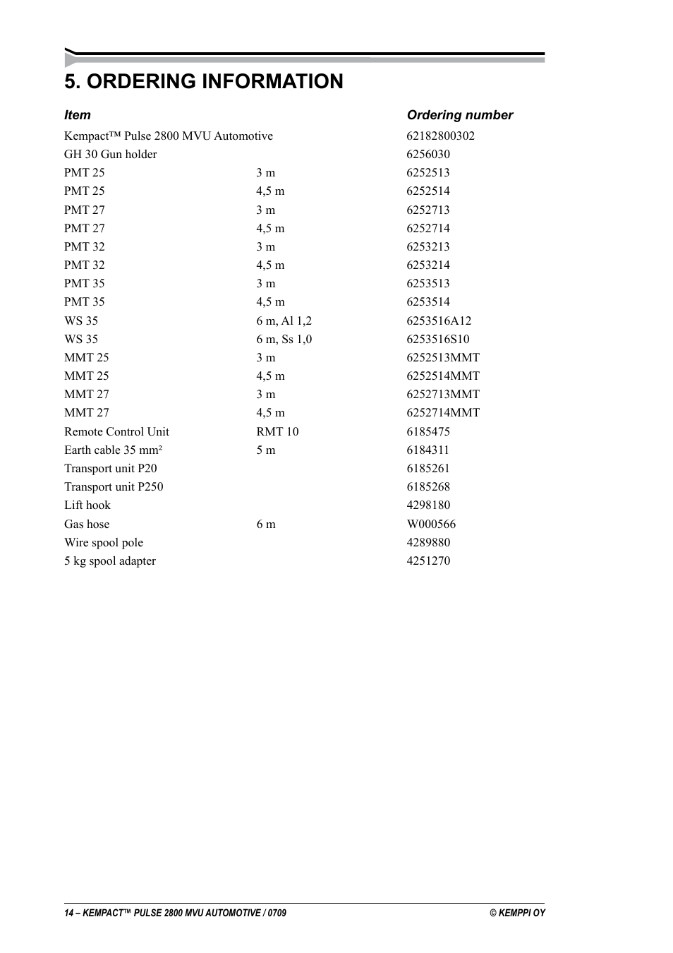 Ordering information | Kemppi Pulse 2800 MVU User Manual | Page 14 / 17