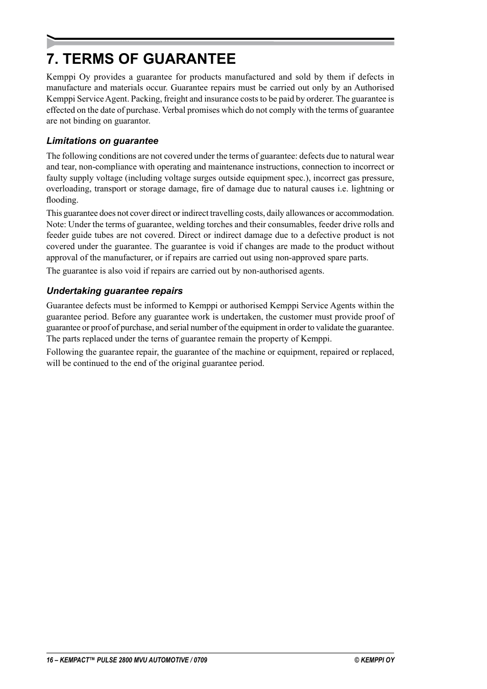 Terms of guarantee | Kemppi Pulse 2800 MVU User Manual | Page 16 / 17