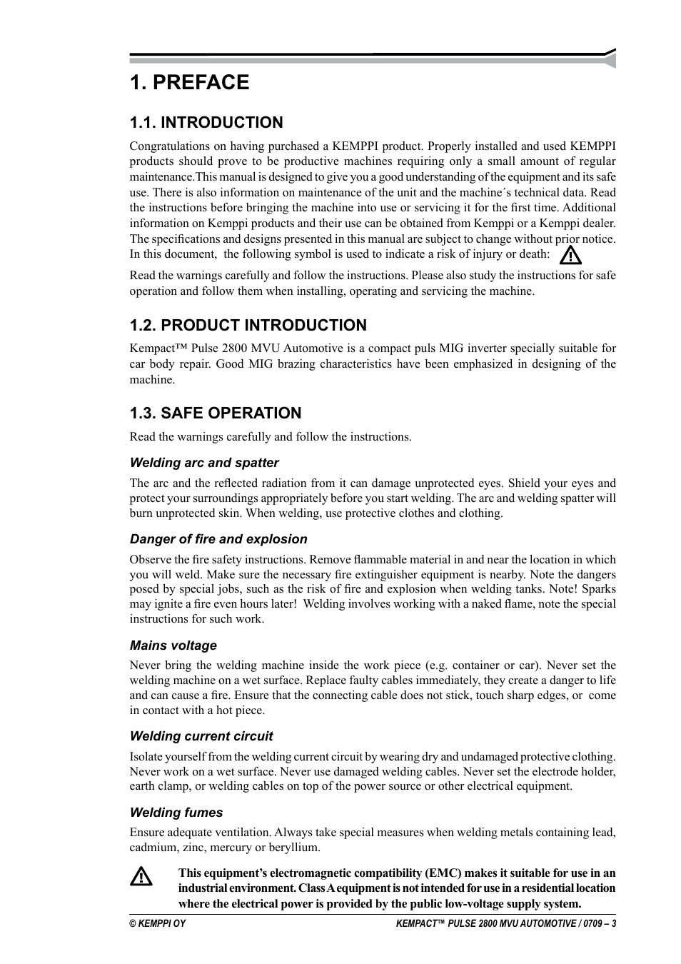 Preface, Introduction, Product introduction | Safe operation | Kemppi Pulse 2800 MVU User Manual | Page 3 / 17