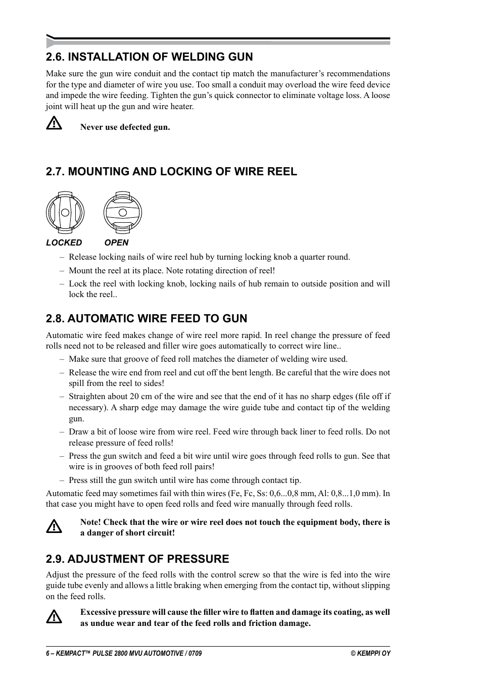 Installation of welding gun, Mounting and locking of wire reel, Automatic wire feed to gun | Adjustment of pressure | Kemppi Pulse 2800 MVU User Manual | Page 6 / 17