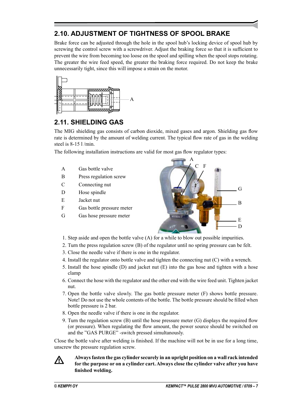 Adjustment of tightness of spool brake, Shielding gas | Kemppi Pulse 2800 MVU User Manual | Page 7 / 17