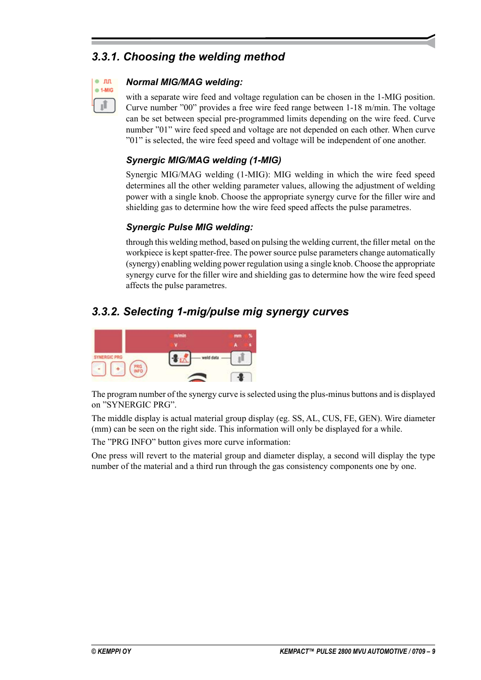 Choosing the welding method, Selecting 1-mig/pulse mig synergy curves | Kemppi Pulse 2800 MVU User Manual | Page 9 / 17