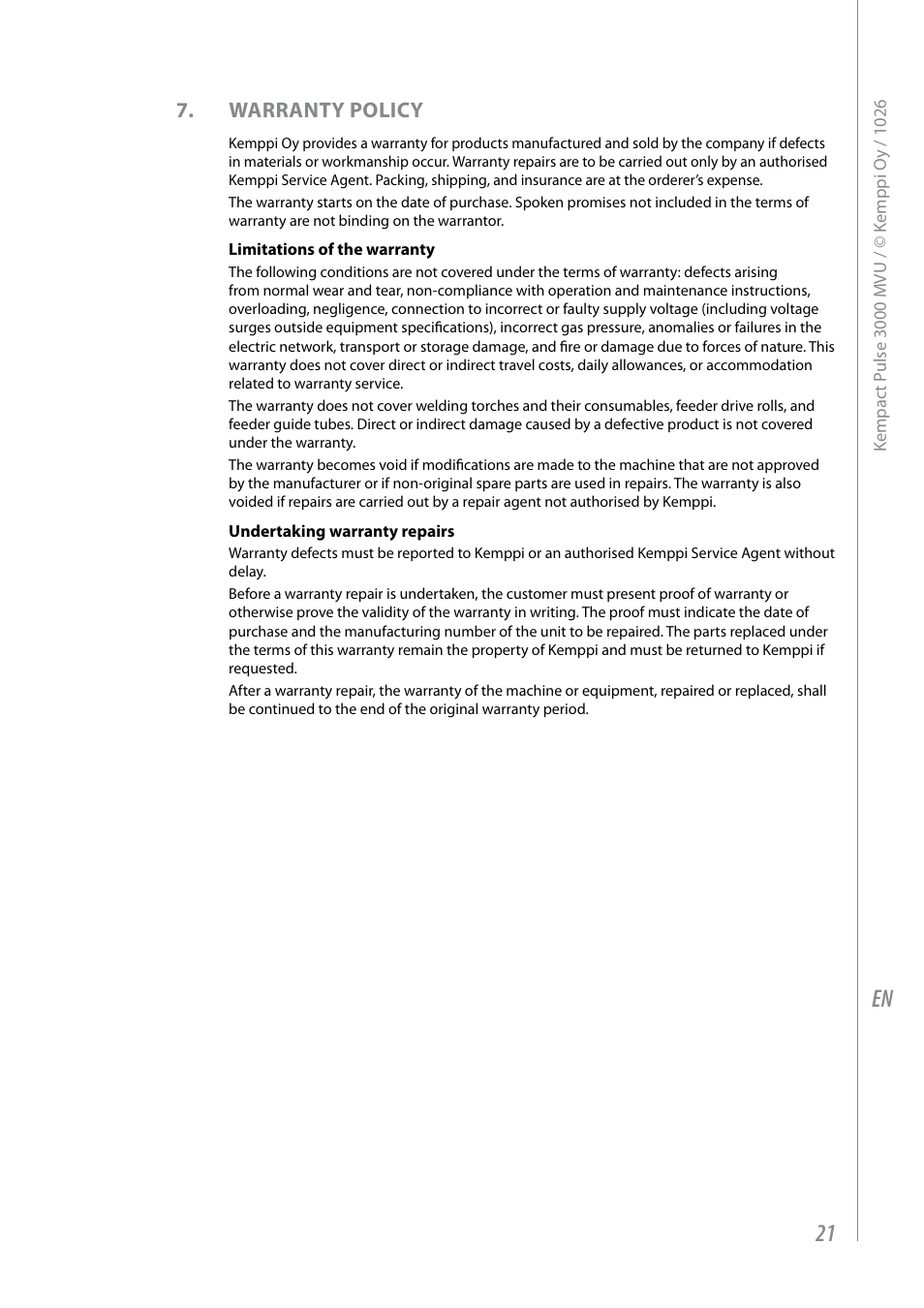 Warranty policy | Kemppi Pulse 3000 MVU User Manual | Page 23 / 24