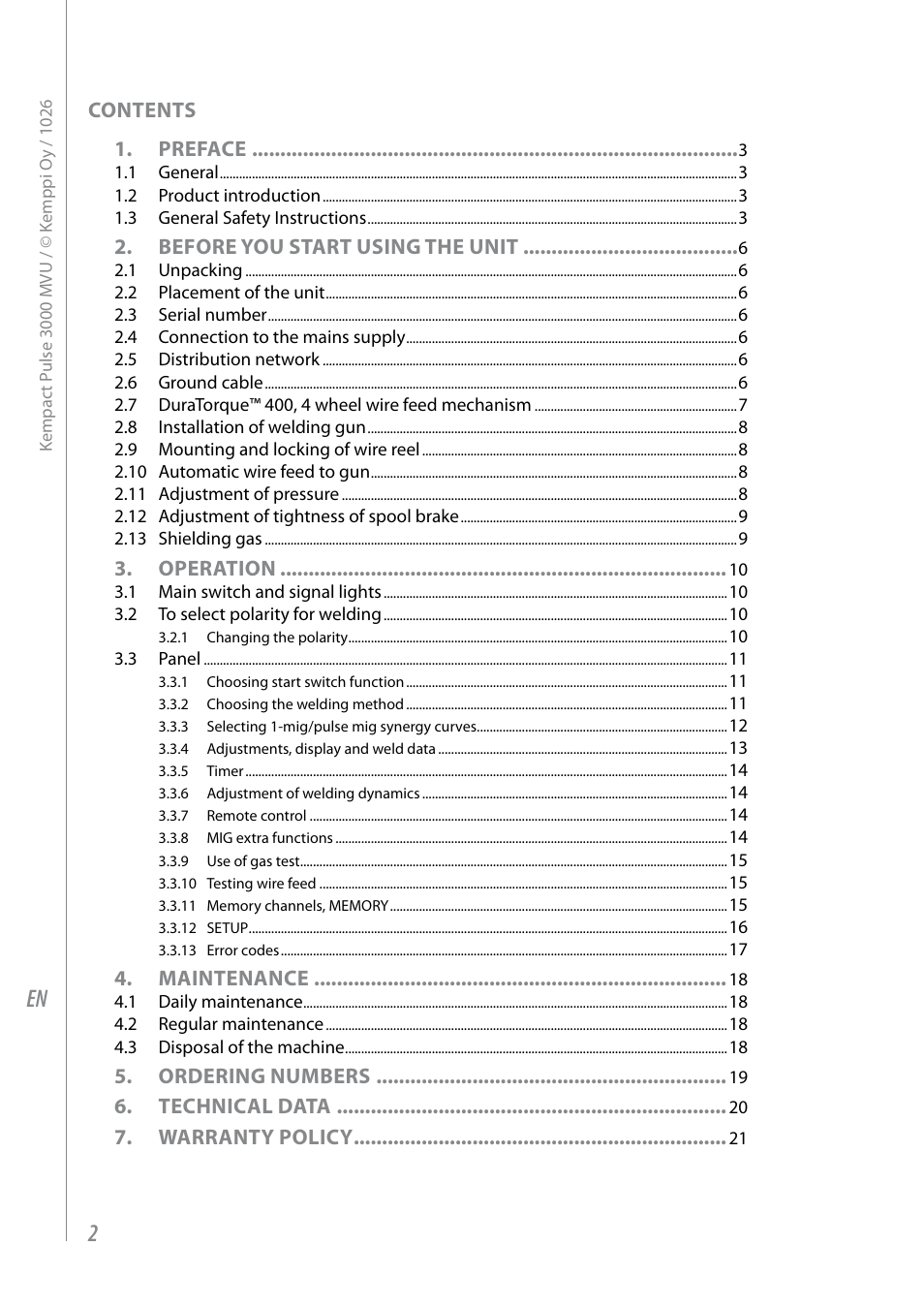 Contents 1. preface, Before you start using the unit, Operation | Maintenance, Ordering numbers, Technical data, Warranty policy | Kemppi Pulse 3000 MVU User Manual | Page 4 / 24