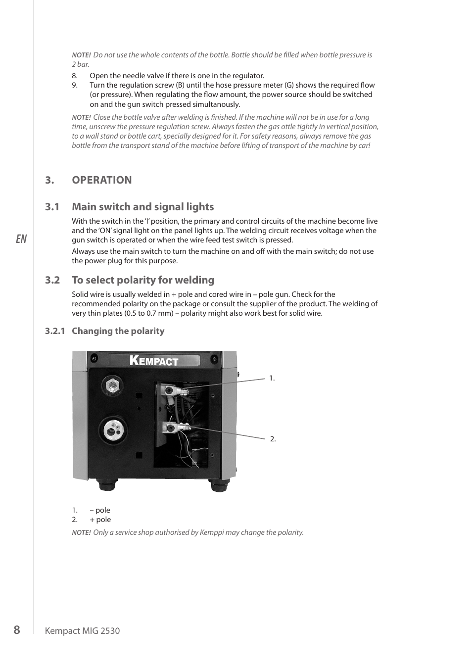 Operation 3.1 main switch and signal lights, 2 to select polarity for welding | Kemppi MIG 2530 User Manual | Page 10 / 16